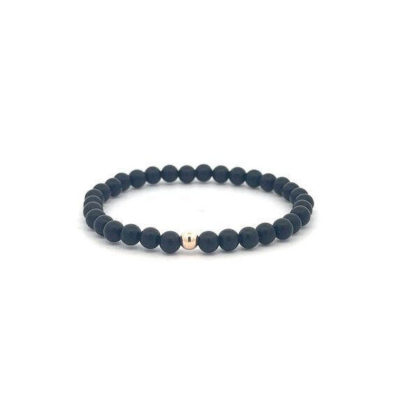 Gemstones Matte Onyx 4mm Stretchable Bracelet 14k Gold Bead Charm - Picture 1 of 5